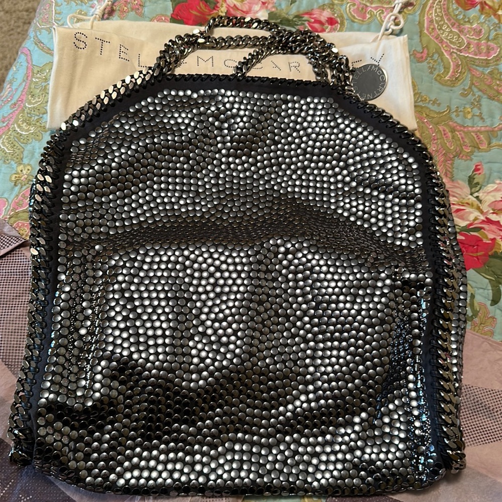 Stella McCartney fold over tote, black with gunmetal disks and 3 chain handles